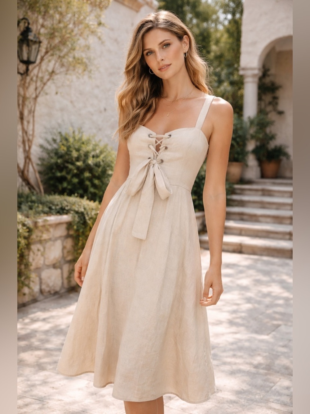Mara Hoffman Lace Up Midi Dress Size 8 Beige Hemp Designer